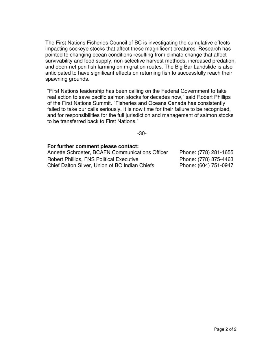 First Nations Leaders Declare Collapse of Pacific Sockeye: “Now is the time for First Nations in BC to come together on a coherent strategy to save and rebuild Pacific salmon stocks." bit.ly/3iQnrbV