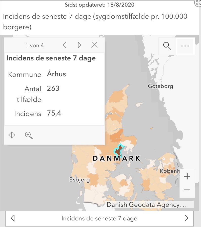Intermediate update on infection rates in Aarhus 18/08Slowly droppingCumulated numbers of last 7 days:Incidence per 100kcases 75.4tests 8,532# of cases 263# of tests 29,771positivity rate ~0.9%tests per confirmed case: 113 https://experience.arcgis.com/experience/aa41b29149f24e20a4007a0c4e13db1d