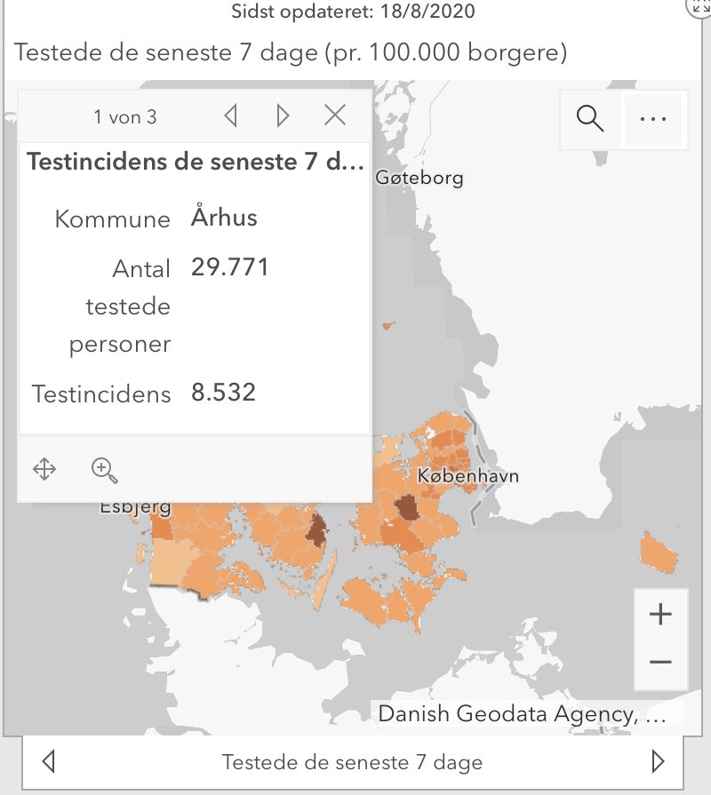 Intermediate update on infection rates in Aarhus 18/08Slowly droppingCumulated numbers of last 7 days:Incidence per 100kcases 75.4tests 8,532# of cases 263# of tests 29,771positivity rate ~0.9%tests per confirmed case: 113 https://experience.arcgis.com/experience/aa41b29149f24e20a4007a0c4e13db1d