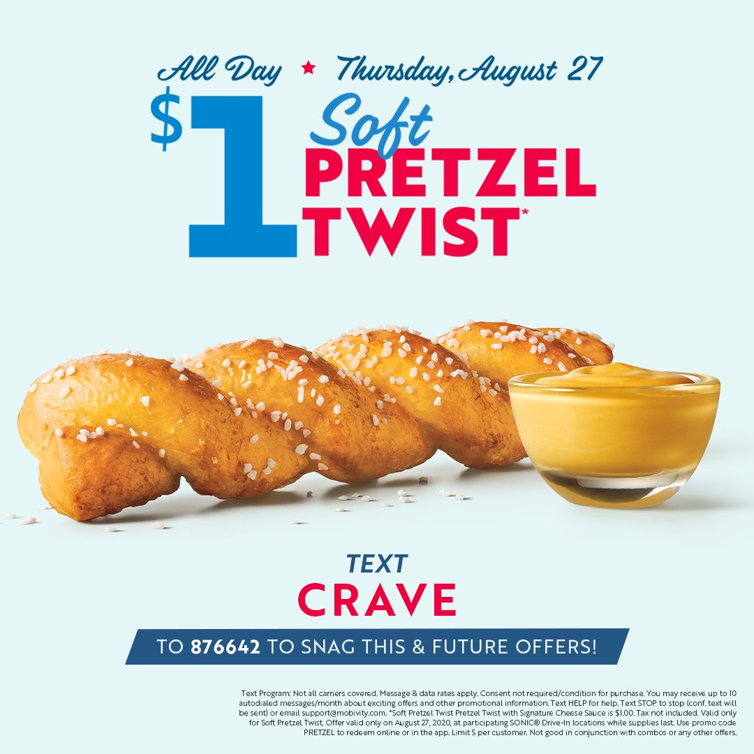 sonicdrivein's tweet photo. Don’t miss out on this salty, buttery goodness! 🥨🥨 Text CRAVE to 876642 to get $1 Pretzel Twists! https://t.co/suunFO2Ilp