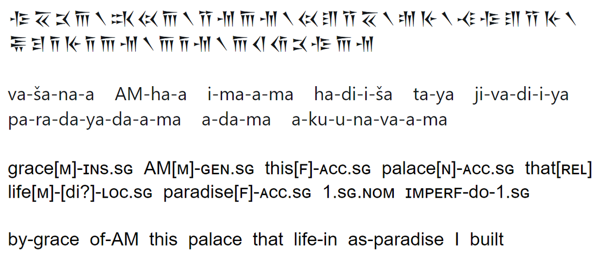 ... Ahuramazda's grace in building his palace (a paradise), and asks for protection from Him and from the deities Anāhitā and Miθra.𝘣𝘺 𝘵𝘩𝘦 𝘨𝘳𝘢𝘤𝘦 𝘰𝘧 𝘈𝘩𝘶𝘳𝘢𝘮𝘢𝘻𝘥𝘢, 𝘐 𝘣𝘶𝘪𝘭𝘵 𝘵𝘩𝘪𝘴 𝘱𝘢𝘭𝘢𝘤𝘦 𝘪𝘯 𝘮𝘺 𝘭𝘪𝘧𝘦𝘵𝘪𝘮𝘦 𝘢𝘴 𝘢 𝘱𝘢𝘳𝘢𝘥𝘪𝘴𝘦