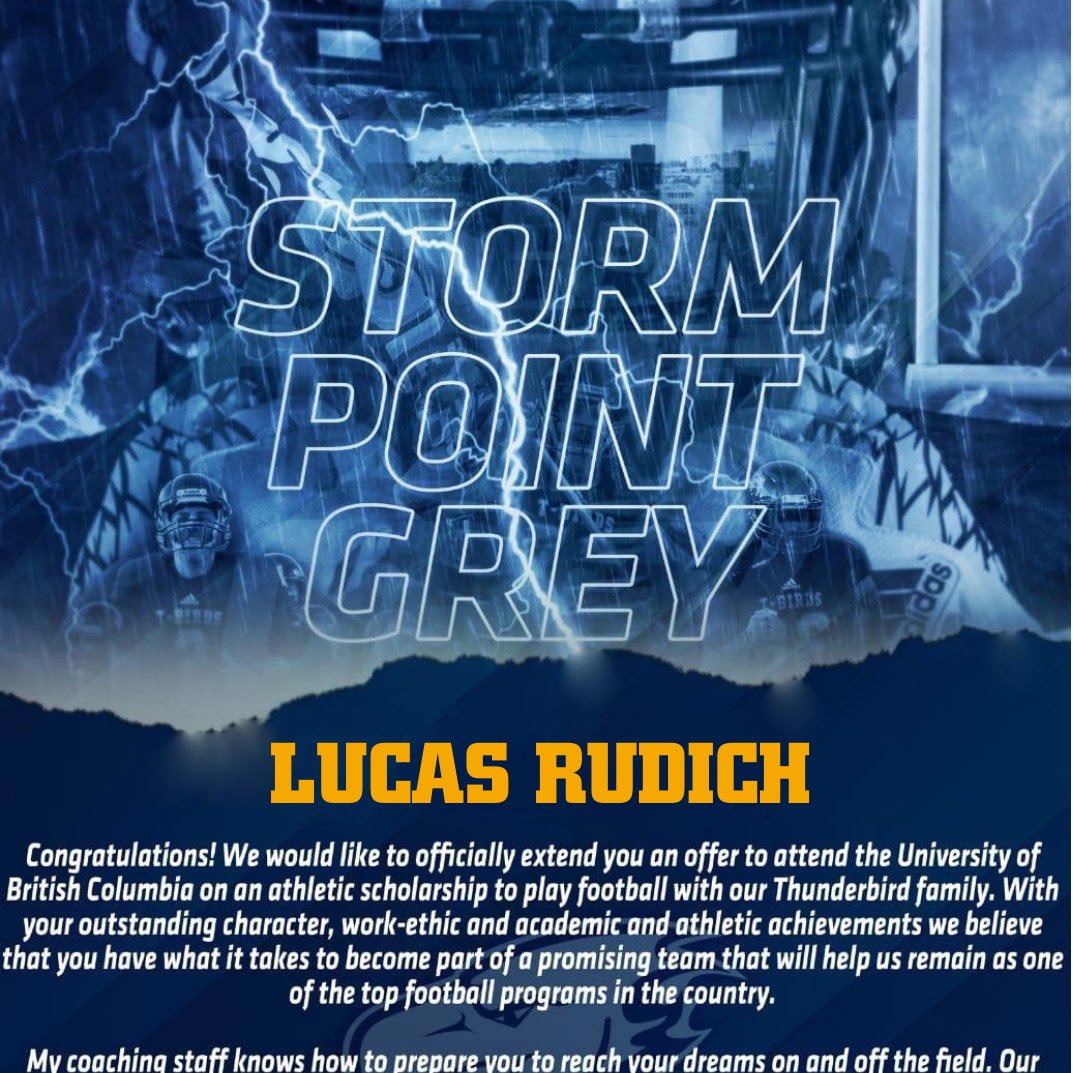 After an amazing call with HC <a href="/CoachNill/">Blake Nill</a> and lots of great talks with DL Coach <a href="/ShoWill33/">Shomari Williams</a> I am honored to say that I have received a scholarship offer to play football <a href="/tbirdsfootball/">UBC Football</a>.  Thank you <a href="/LTHSCavFootball/">Lake Travis Football</a>, <a href="/LT_FBRecruiting/">Lake Travis FB Recruiting</a>, <a href="/CoachKHalfmann/">Coach Halfmann</a>, <a href="/TommyMangino/">Tommy Mangino</a>, <a href="/CoachHankCarter/">Hank Carter</a>
