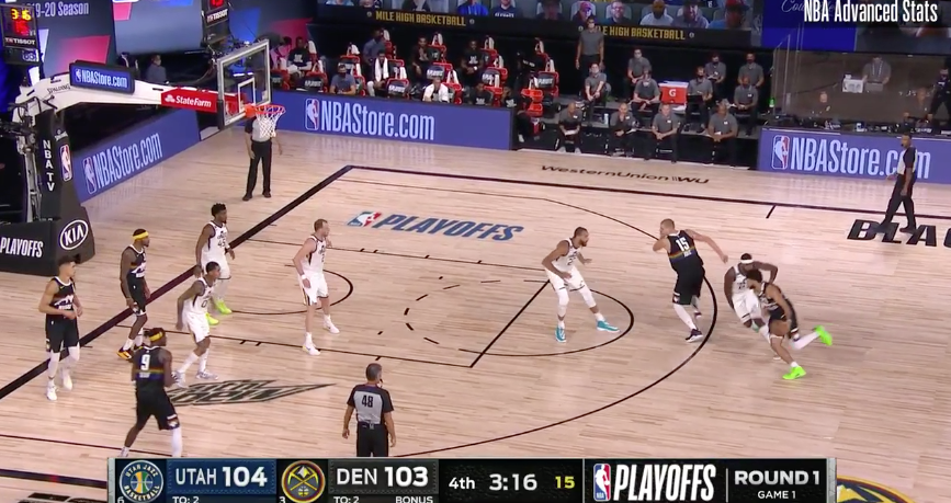Look at this still from a late P&R last night. Murray & Jokic at the top, and the three other Nuggets are all within 6 feet of each other in the ball side corner. On the surface, you see that and go, "omg, horrible spacing." 2/