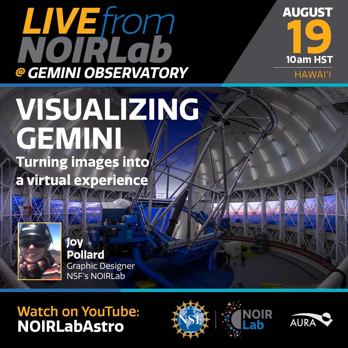 GeminiObs's tweet image. Ever wondered how astronomical images and virtual experiences are created? Join us and our science guest, Graphic Designer Joy Pollard, this Wed, Aug 19th on our Youtube channel for #LivefromNOIRLab @ Gemini to find out! 1 pm MST / 10am HST.