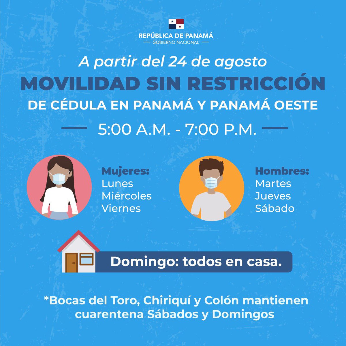 .<a href="/MINSAPma/">Ministerio de Salud de Panamá</a> flexibiliza horario de movilidad en Panamá y Panamá Oeste.  Se eliminó la restricción de circulación por horas según número de cédula, y se mantiene la movilidad en días específicos según el género.
