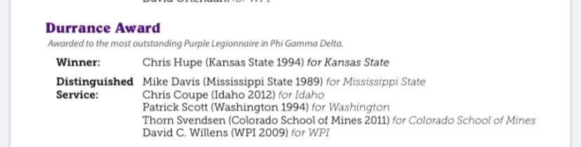 Congratulations to our purple legionnaire Chris Hupe for winning the Durrance award. This is a huge honor and we are excited to have the best chapter advisor internationally!