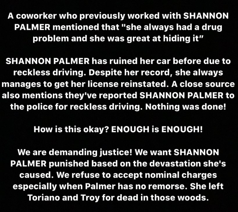 INSIDE SCOOP ON SHANNON PALMER!!!!Why she was released on her own recognizance? WE NEED ANSWERS! #JusticeForTorianoandTroy