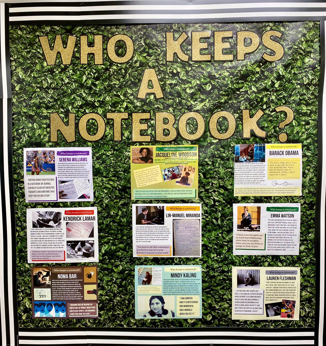 Thank you @serenawilliams @jacquelinewoodson @BarackObama @kendricklnation @Lin_Manuel @EmmaWatson @nomabar @mindykaling @laurenfleshman for showing my students the power of notebooks and writing. I can’t wait for them to see this! #notebooks #writing #kingsstrong #baressquad