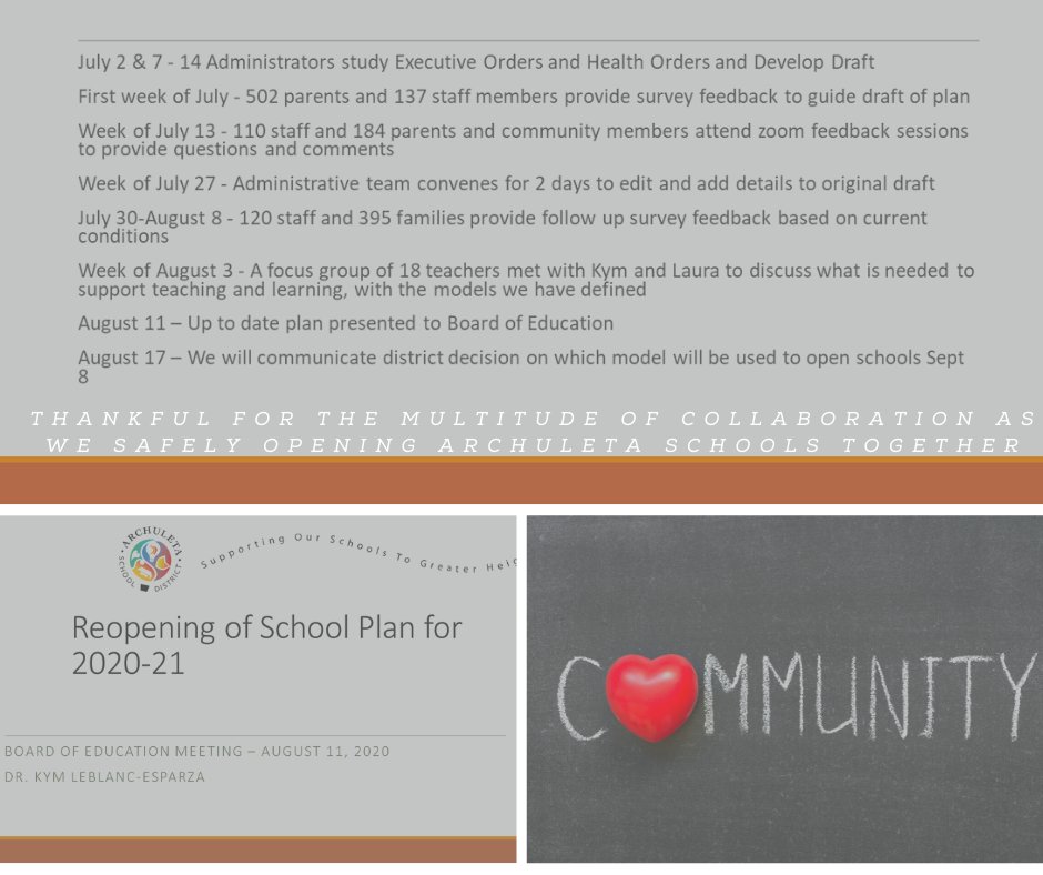The last month has been full of collaboration as ASD has worked together with families, staff, &amp; school leaders as we begin to Safely Open Archuleta Schools #TOGETHER. Thank you EVERYONE for your efforts and support.