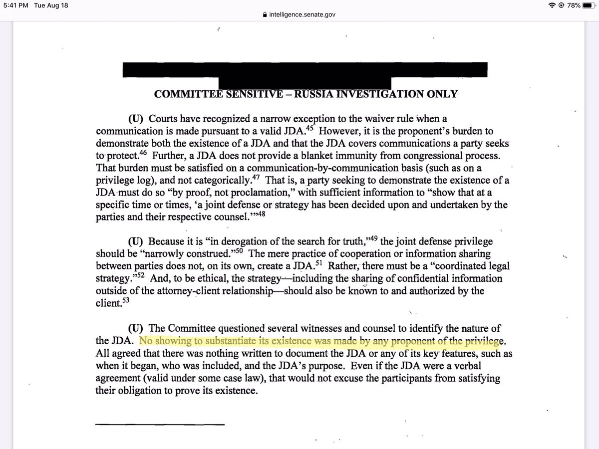 What is interesting is a Joint defense agreement has to be documented. They’re never was a documented JDA. One was never produced to the committee. Using something that does not exist as a pretense to not cooperate with this investigation is startling to say the least. Pg 30.