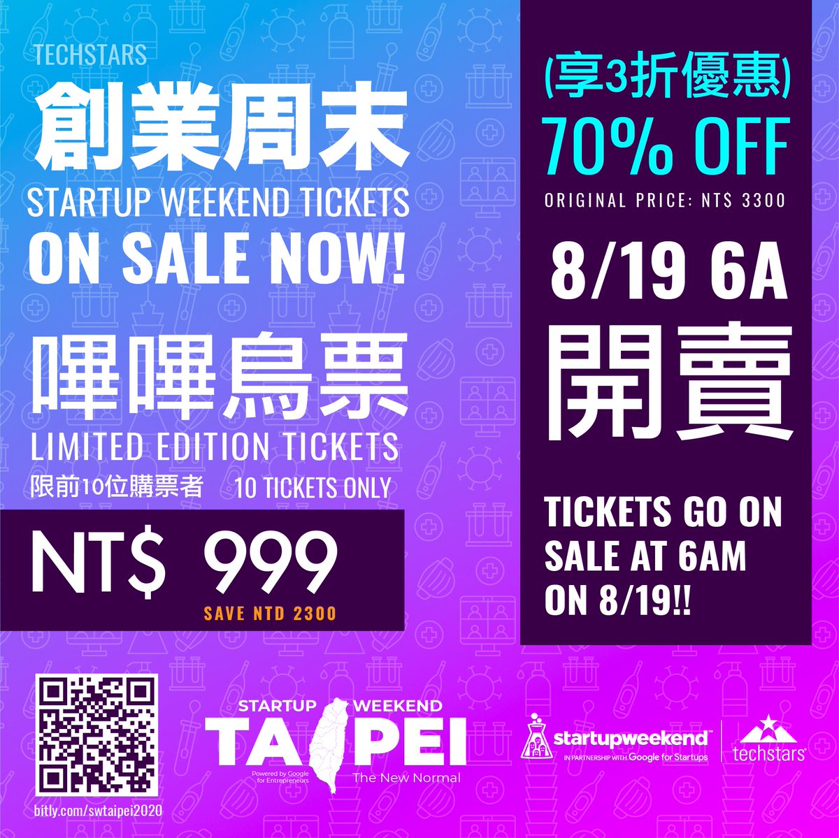 Techstars Startup Weekend tickets are now on sale! There are only 10 Special Limited Edition tickets available at 70% off, so grab them while you can!

bit.ly/swtaipei2020 

#TechstarsStartupWeekend #SWTaipei #SWTaipei2020 #TheNewNormal