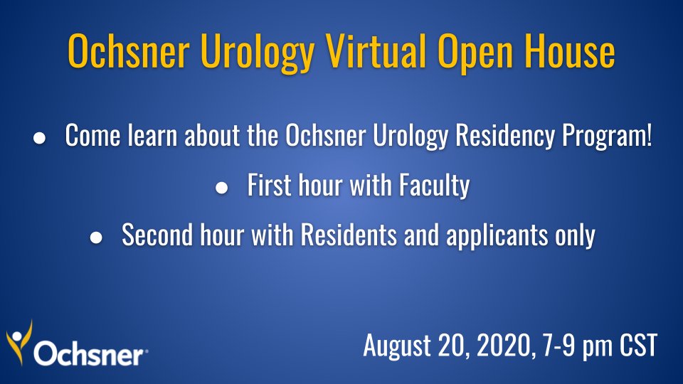 Reminder about our Virtual Open House at <a href="/OchsnerHealth/">Ochsner Health</a> ! We look forward to seeing y'all!
8.20.20 7-9 CST. Please email 
Ochsnerurology1@gmail.com for zoom invitation link

<a href="/UroResidency/">UroResidency</a>
<a href="/Uro_Res/">The Urology Applicant ⚕</a>
<a href="/Uro_Stream/">UroStream</a>
 #UroSoMe #StreamTeam