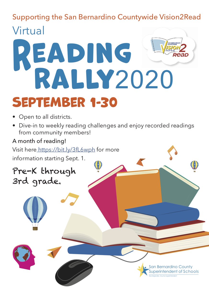 SBCountySchools's tweet image. This year the annual Reading Rally has gone virtual! It will be held from Sept. 1-30 and is open to all school districts in San Bernardino County. The event will feature weekly reading challenges and recorded readings from community members.