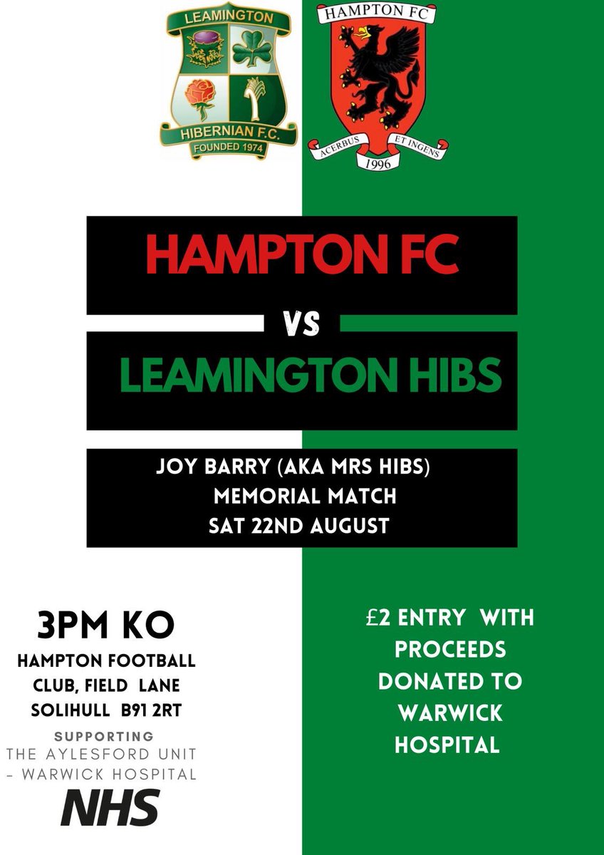 Following tonight’s news that it looks like we can #LetFansIn we are looking forward to this Saturdays memorial game for Mrs Joy Barry (aka Mrs Hibs)  <a href="/hampton_fc/">Hampton FC</a> v @LeamHibs1stTeam. Please come along and support the day. <a href="/MidlandLeague/">Capelli Sport Midland Football League</a> <a href="/leamcourier/">Leamington Courier</a> <a href="/hampton_fc/">Hampton FC</a> Please share