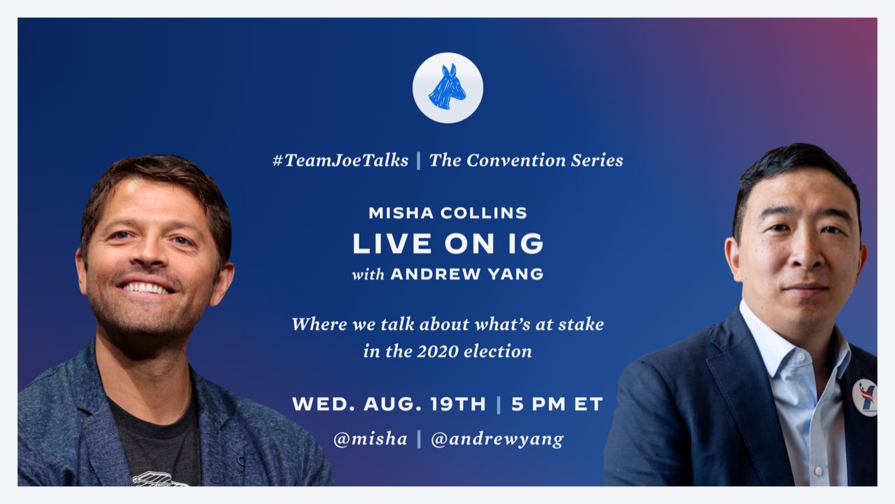 Misha Collins on X: Come chat with me & @andrewyang (Presidential  candidate!) tomorrow @ 5pm ET on my Instagram live! If there's a question  you want me to ask him, reply below.