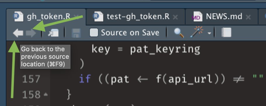 I'm working on the 2nd ed of R Packages and the last bit of this tip was news to me 😲💡 #rstats

In <a href="/rstudio/">RStudio</a>, Ctrl + . and F2 are ways to quickly navigate to a function's definition.
To return to where you started, click the "back" button in upper left corner of editor.