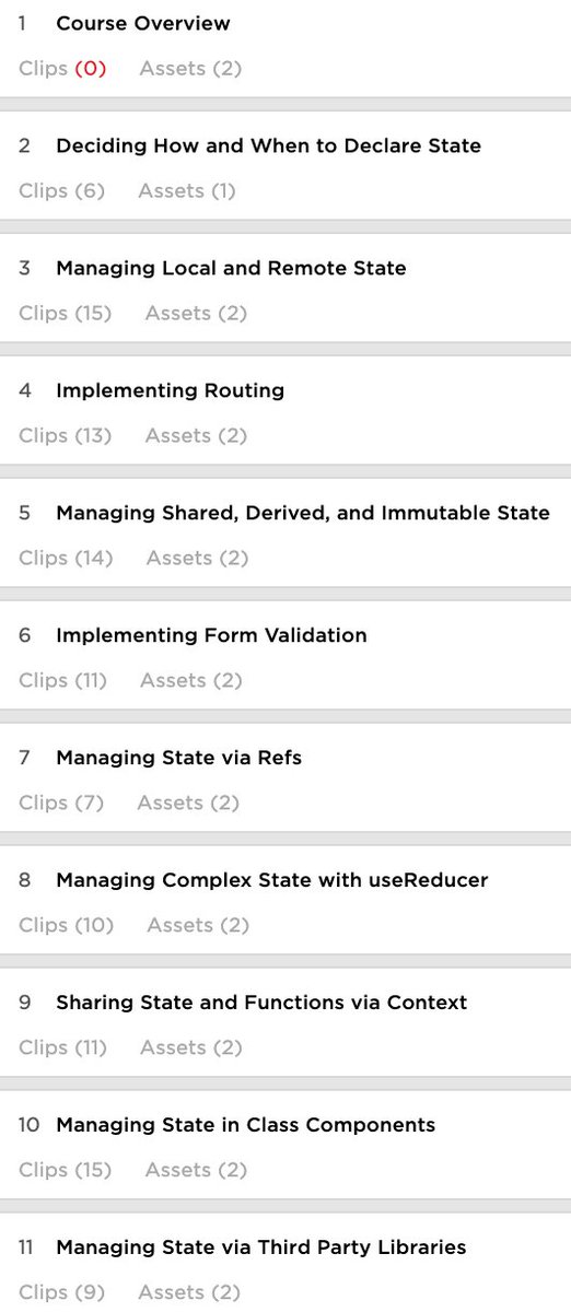 Just rendered the final clips for “Managing React State”! 😀 

This course covers nearly everything I've learned about handling React state over the last 6 years. Outline attached.

The course goes live on my author page later this week! 🎉 app.pluralsight.com/profile/author…