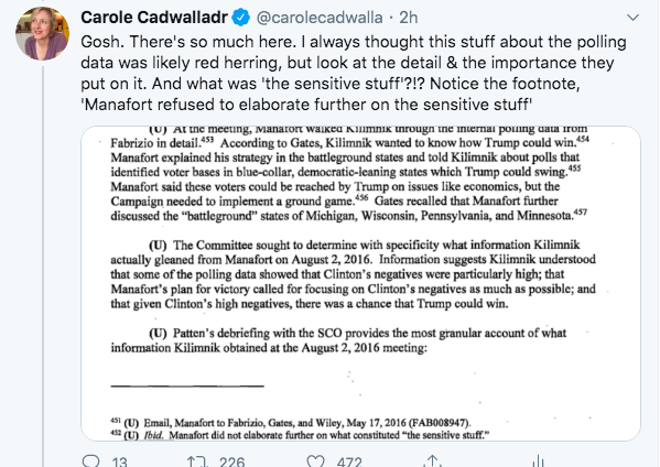 2) Paul Manafort passed polling data to Kilimnik, a Russian agent, including detailed strategy for battleground states & tactics. The data was processed by Cambridge Analytica. Manafort & Kilimnik considered it to be of crucial importance