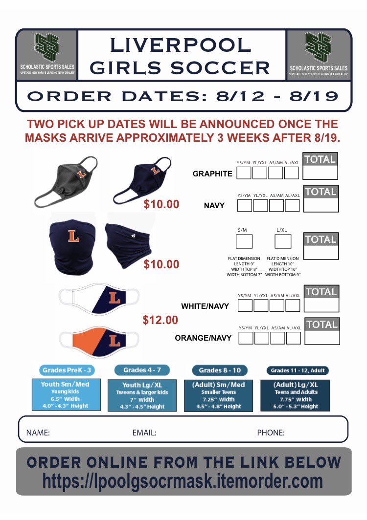 Order your Liverpool Masks to support wil Liverpool Soccer Teams! ⚽️ Tomorrow (Wednesday 8/19) is the last day to place your order! lpoolgsocrmask.itemorder.com
