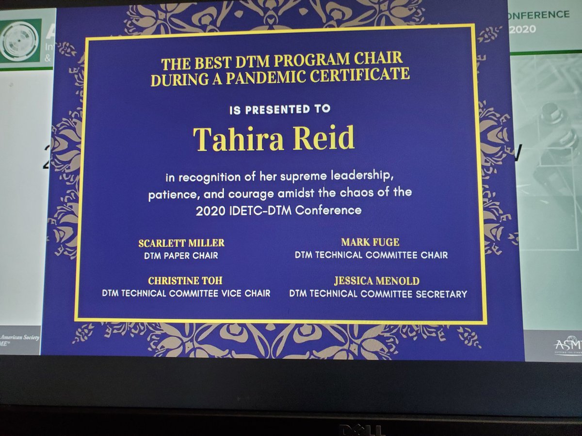 DrTahiraReid's tweet photo. My colleagues @psu_scarlett, @JessMenold, Mark Fuge, and @chrysalise4003 just presented this certificate to me for my service this year as the 2020 Design Theory and Methodology Program Chair at @asmedotorg's IDETC. ❤ Thanks y'all! Glad to help! #idetc2020 #asme https://t.co/GeJPn4GAN8