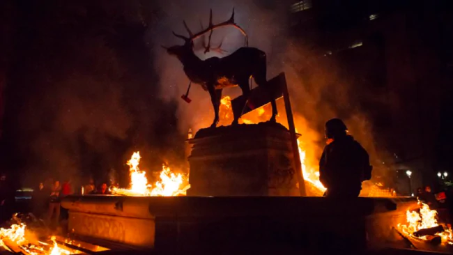 Being in the middle of two park blocks right by City Hall and the Justice Center, the elk had quite a time during protests.I think this image was trying to shame the protesters? Honestly, it looks rad as heck and makes the elk look like some primal god of righteous anger.