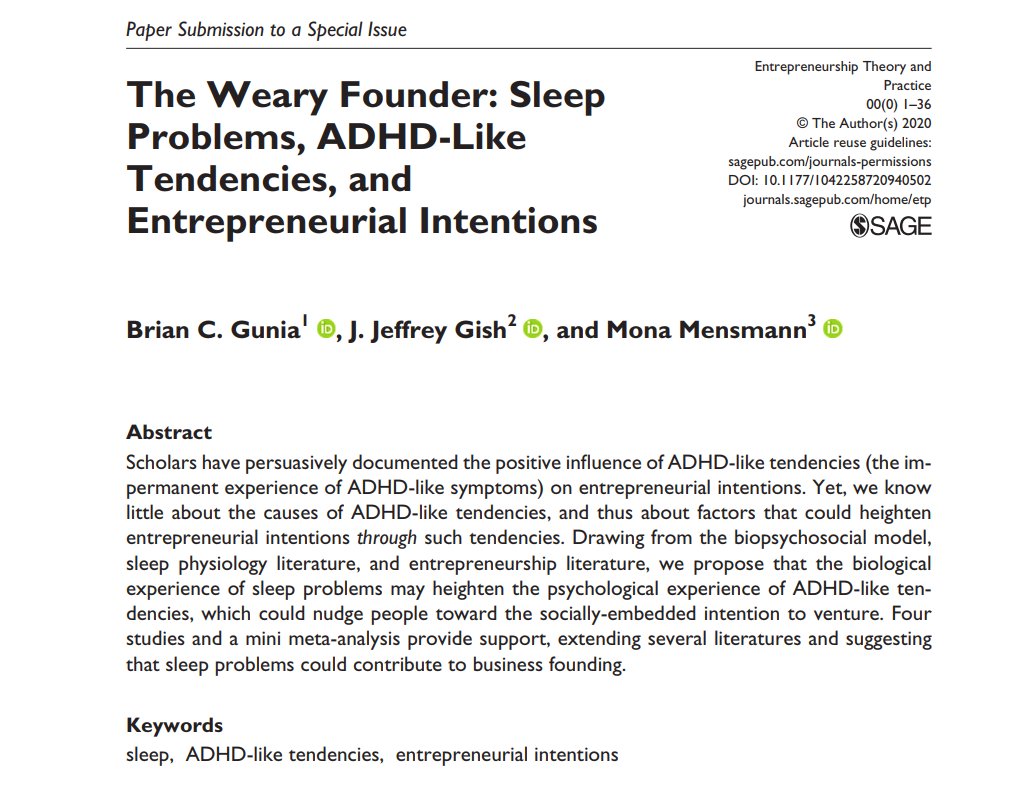 ETPjournal's tweet photo. New research finds that sleep problems nudge individuals toward self-employment.

More info in subsequent tweets...
[1/6]

"The Weary Founder: Sleep Problems, ADHD-Like Tendencies, and Entrepreneurial Intentions". 
By @briangunia, @ENTscience &amp; @MMensmann https://t.co/TZAy7A091W https://t.co/EdRSG9DC4b