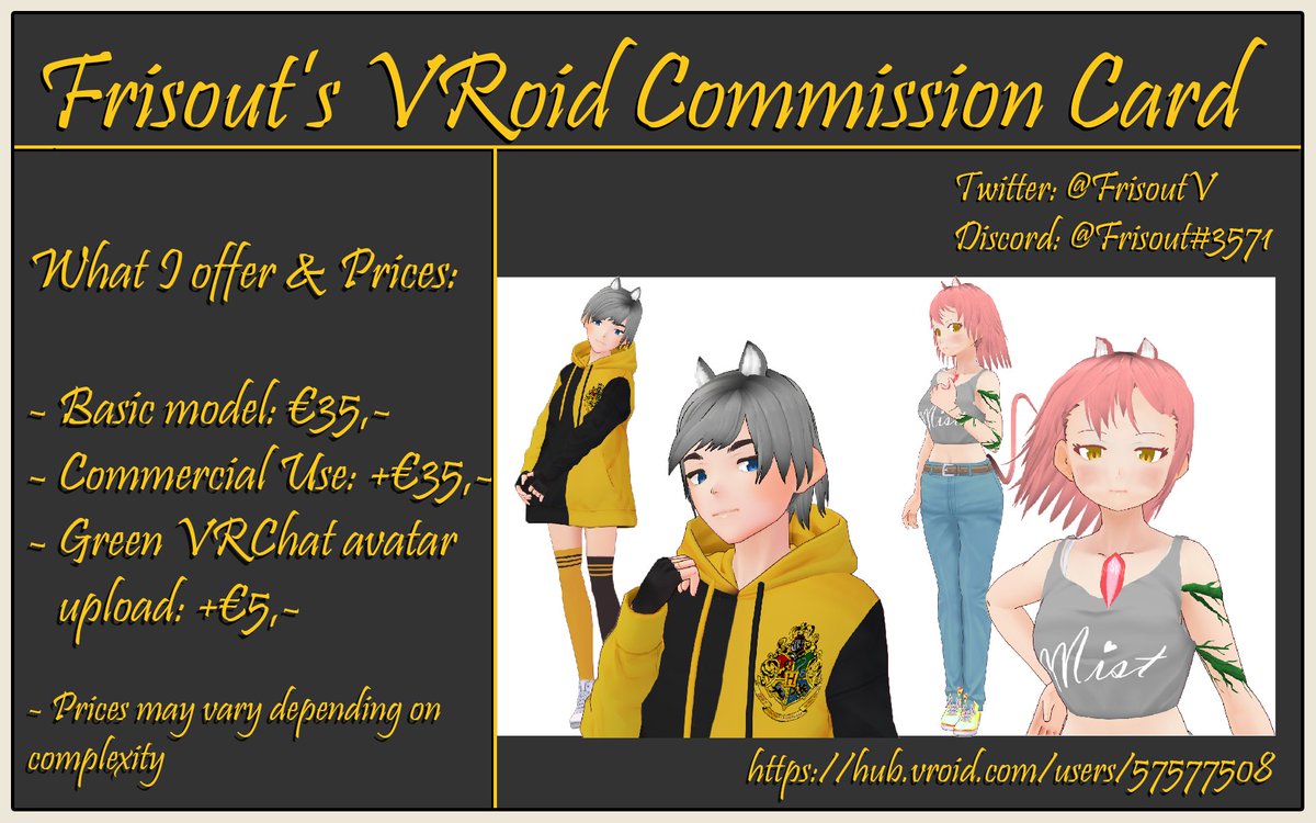 FrisoutV's tweet photo. My VRoid commissions have opened! 
Check my pricesheet out below for more info ^-^
#VRoid #VRoidHub #Vtuber #commissionsopen #commissionopen 
https://t.co/ZcyTx3PRhy https://t.co/yDFi99YjFR