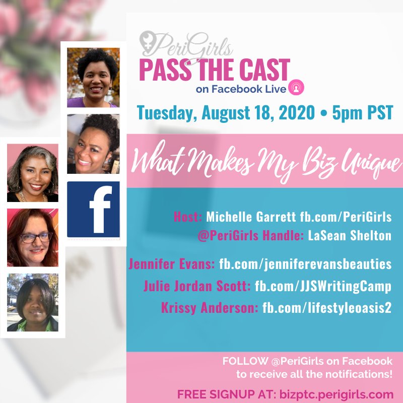 Check out this AMAZING lineup on today's #PeriGirls #FacebookLive #PassTheCast! 

Join us at 5 PM PT on our Facebook Business Page: 
👉fb.com/perigirls   
Can't wait to hear from these awesome PeriGirls today!
Want to be part of the next event?
👉 bizptc.perigirls.com