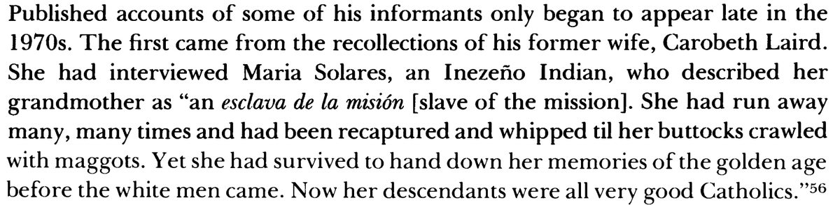 CW: graphic violenceThis example comes from one of the missions that wasn't operated by Serra. However, it is indicative of the kinds of accounts that linguistic/anthropological fieldwork had made readily available by the time of the report.5/