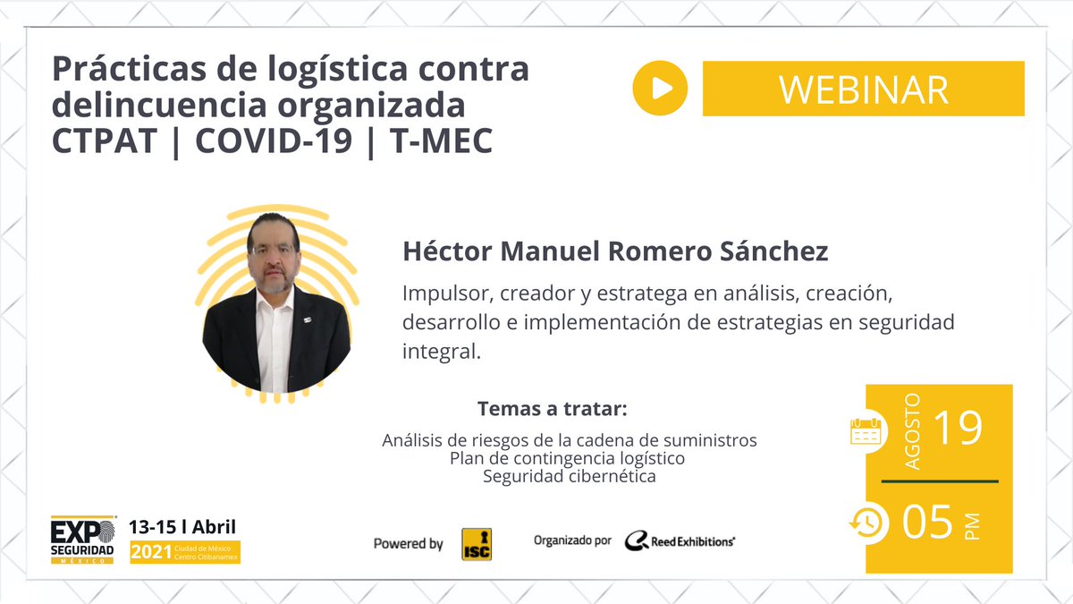 ¡Falta un día! Para el webinar "Prácticas de logística contra delincuencia organizada CTPAT | COVID-19 | T-MEC" ✈️📦🌎 Acompaña a Héctor Manuel Romero Sánchez quien impulsa y desarrolla estrategias en seguridad integral. ¡Aún puedes inscribirte! 👉 bit.ly/webinarctpat