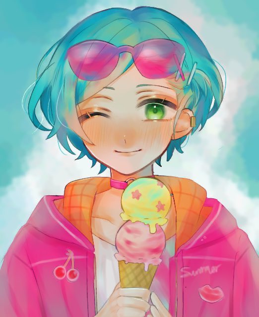 food one eye closed solo green eyes short hair ice cream smile  illustration images