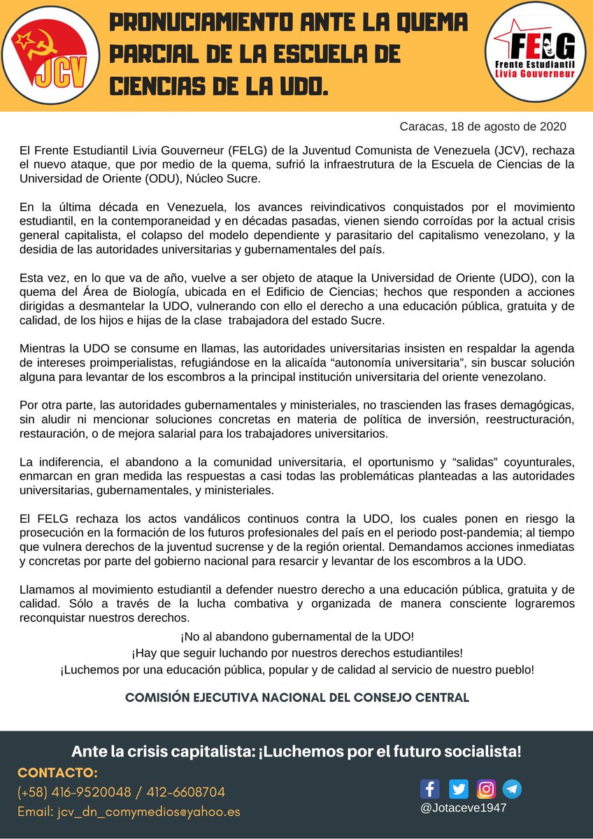 Jotaceve1947's tweet photo. #18Agosto 📄| #Comunicado
🔊 El Frente Estudiantil Livia Gouverneur #FELG de la #JCV rechaza el nuevo ataque, que por medio de la quema, sufrió la infraestructura de la Escuela de Ciencias de la #UDO, Núcleo Sucre.
¡No al abandono gubernamental de la @UDO_VE!✊🏽 https://t.co/YxARhLF0kc