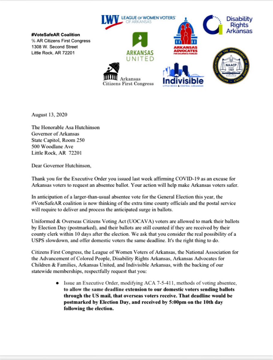 MillsHayesTV's tweet photo. #Arkansas advocacy groups sent this letter to @AsaHutchinson requesting he extend the deadline for #MailInVoting 10 days following #Election2020. Some say this is needed because of #usps slow down from #COVID19. 

His response? My story tonight at 10 on @KATVNews. https://t.co/iaJA7jzIkh