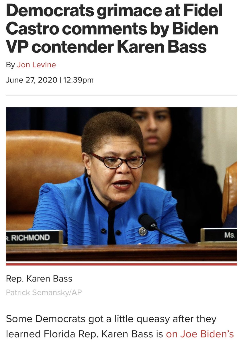 In addition to supporting communist dictators, Biden gave serious consideration to Karen Bass as a vice presidential running mate. Why is this noteworthy? Because Bass is a Castro sycophant.