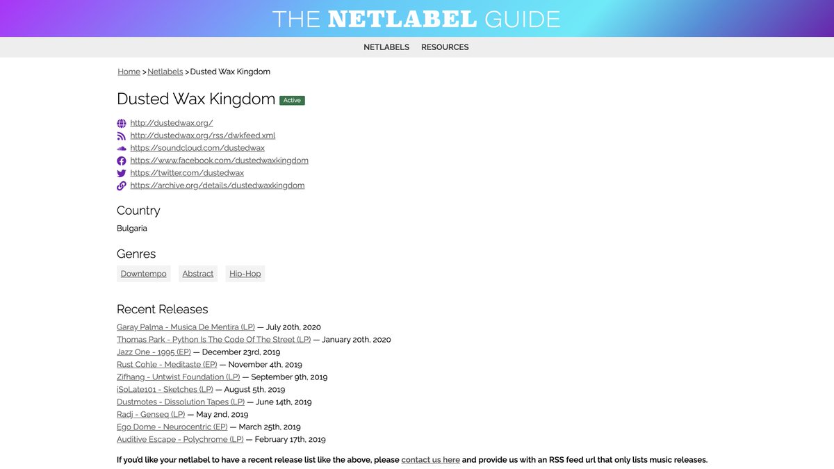 We’ve just deployed an update that now supports a recent release list on netlabel pages for #netlabels that have release only #RSS feeds. The first #netlabel that has such a list is <a href="/dustedwax/">Dusted Wax Kingdom</a>. netlabelguide.com/netlabel/duste… #ccmusic