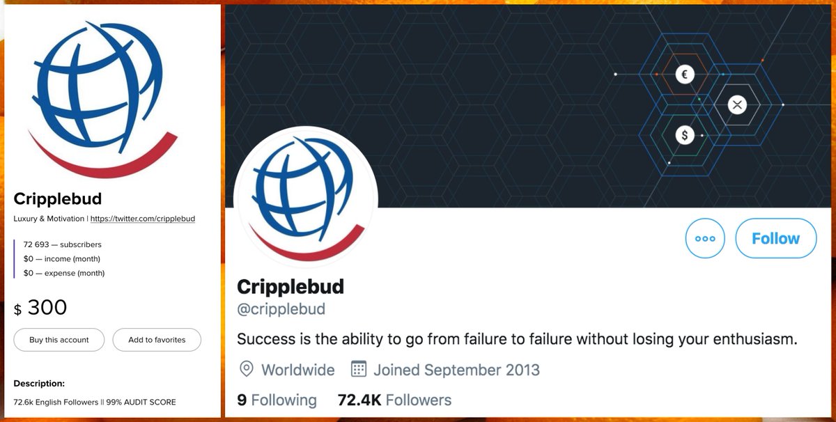 Another day, another account with fake followers up for sales. Today's lucky winner is  @cripplebud (permanent ID 1850835966), and the claim that it has 72.6K English followers, 99% of which are legitimate, seems. . .unlikely. https://twitter.com/conspirator0/status/1295864790167048192