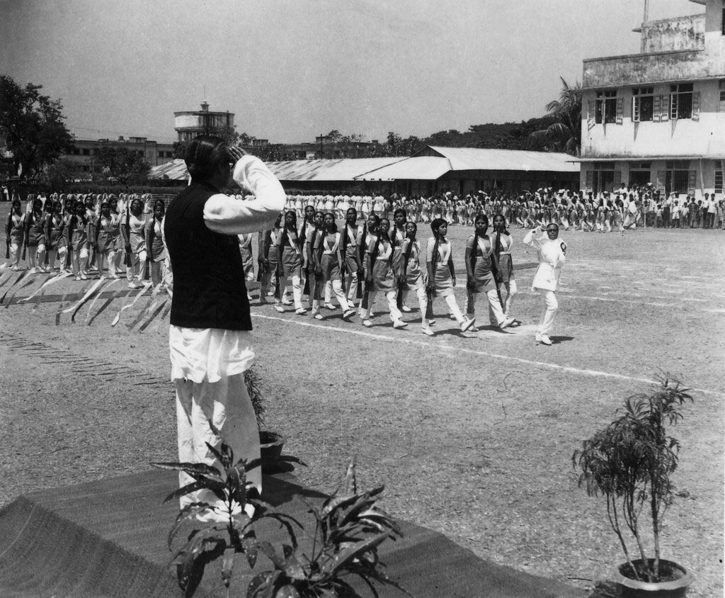 Photo 1: Students of Azimpur Girls School salute Bangabandhu Sheikh Mujibur Rahaman after Liberation. Dhaka, Bangladesh. 1972.Photo 2:A group of women take combat training before Liberation War in Azimpur field. Dhaka, Bangladesh. 1971.(Photographer: Sayeeda Khanam)