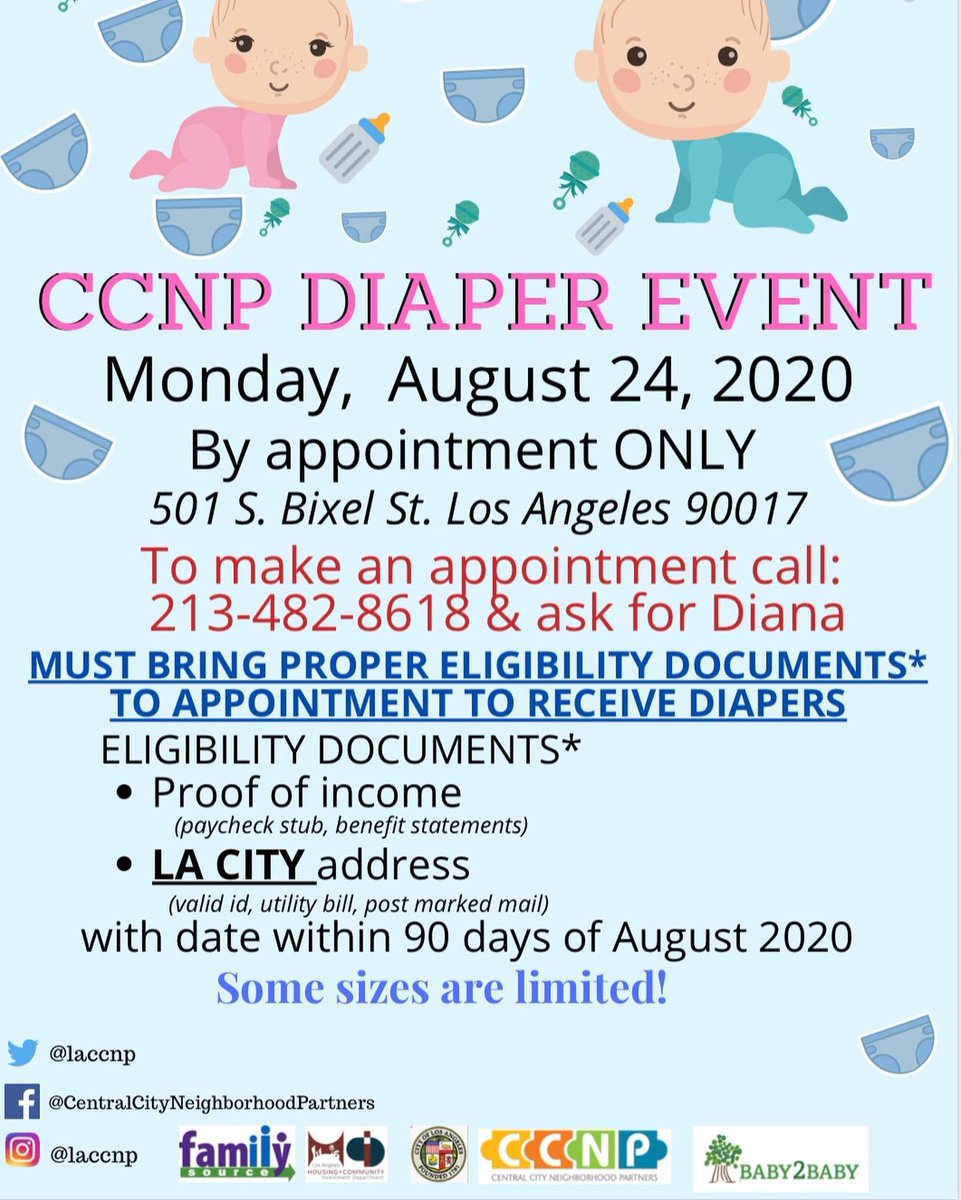 CCNP Diaper Event!
Monday, August 24,2020 
501 S. Bixel St. LA CA 90017
*By appointment only!
To make an appointment call Diana (213)482-8618