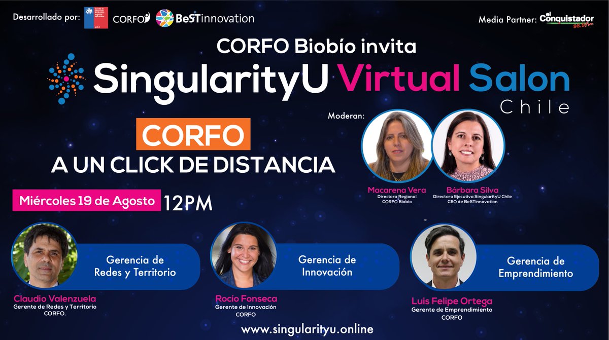 ¡MAÑANA!, a las 12 PM BeSTinnovation y CORFO Biobío te invitan a participar de nuestra primera versión online y abierta de #SingularityUVirtualSalon "CORFO a un click de distancia"

ingresa a singularityu.online ¡Te esperamos!