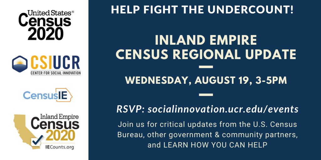 Join us for our 3rd Census Regional Update! There will be updates from multiple census partners; including @uscensusbureau, @ucrcounts, @CACensus, and more; and hear about what will be leading up to the September 30th deadline for census operations. #IECounts #HasmeContar