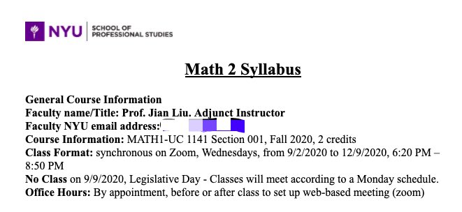 LXJSmonk's tweet photo. Getting ready for Fall 2020 semester at @NYUSPS_DAUS, uploaded Math 2 course syllabus on #NYUClasses. Looking forward to learning math with my students this Fall. #iteachmath @NYUSPS https://t.co/8QG1AVawyM