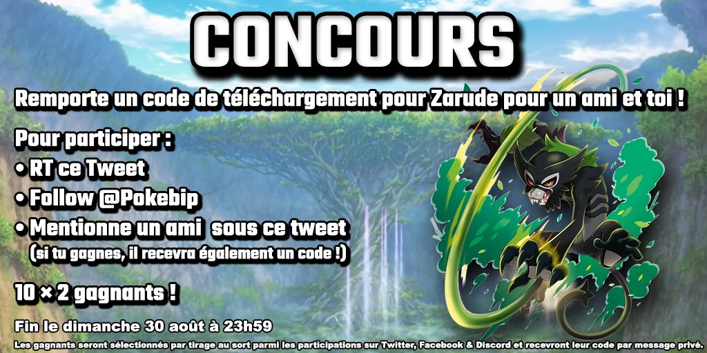 Pokebip's tweet photo. [CONCOURS]
Gagne un code pour Zarude pour toi + un ami !

Pour participer :
• RT ce Tweet
• Follow @Pokebip
• Mentionne un ami sous ce tweet

10×2 gagnants. Fin le 30 août à 23h59

Participe aussi sur :
• Discord - https://t.co/8A2d436C8I
• Facebook - https://t.co/D2wH7B3kr9 https://t.co/ZOVBW9L0Ow