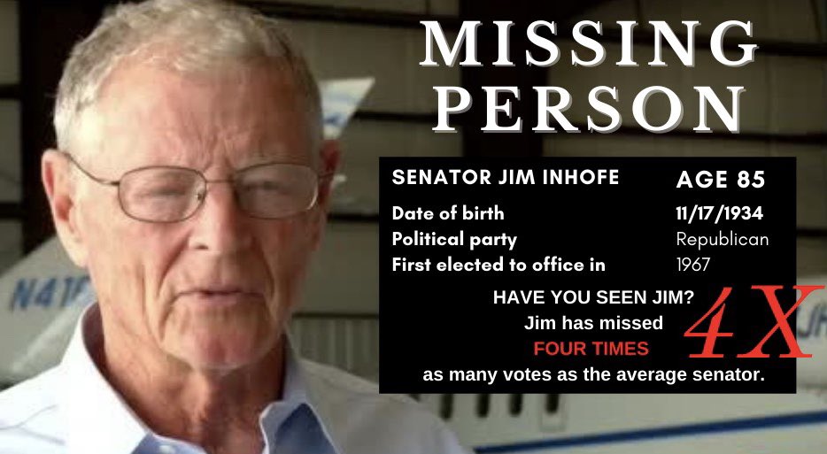 OFFMessageOK's tweet image. What is @JimInhofe doing instead of showing up to votes? Wrong answers only