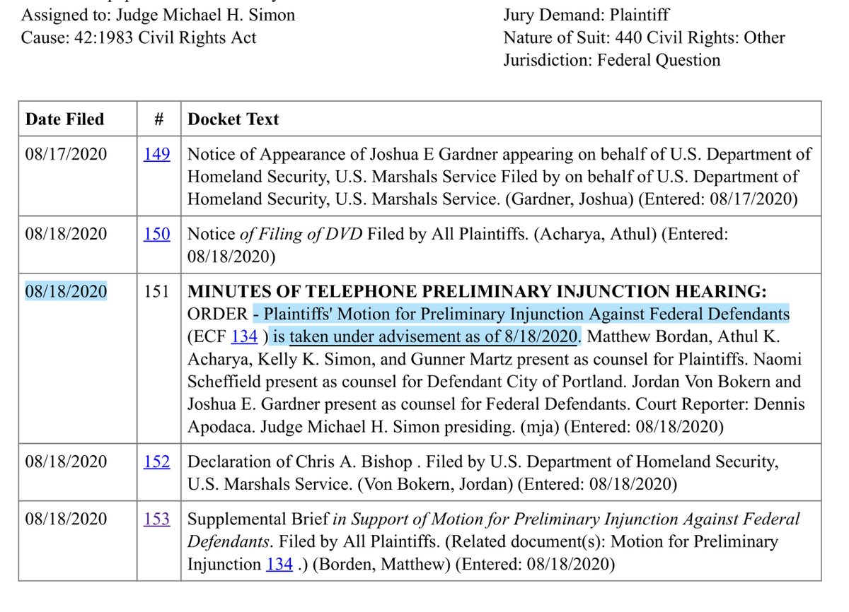 I would caution against trying to read the “docket tea leaves”, stick to the four corners of the docket1)Motion for Preliminary Injunction Against Federal Defendants... taken under advisement as of 8/18/20202) Court asked the plaintiffs to file (see doc # 154)So now we wait