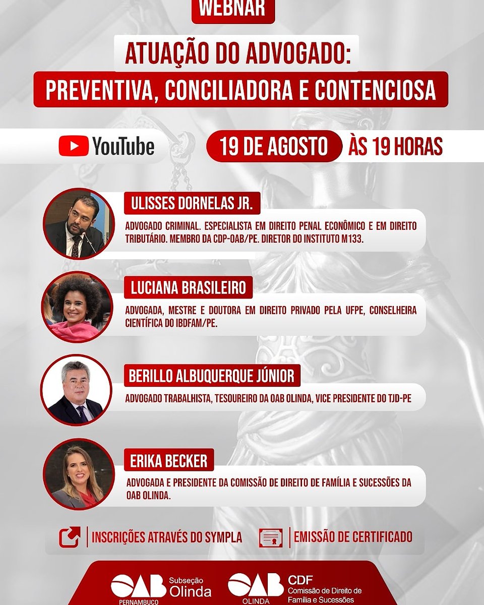 *É AMANHÃ!* *ÀS 19:00H*

*WEBINAR - ATUAÇÃO DO ADVOGADO: PREVENTIVA, CONCILIADORA E CONTENCIOSA*

*Inscrições pelo link👇🏻*

sympla.com.br/webinar-atuaca…

#advogado #direito #oabolinda #oabpe #recife #pernambuco