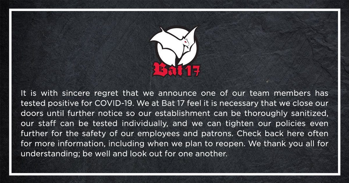 It is with sincere regret that we announce one of our team members has tested positive for COVID-19. Check back here often for more information, including when we plan to reopen. We thank you all for understanding; be well and look out for one another. 
 
#Bat17 #Evanston #BeSafe