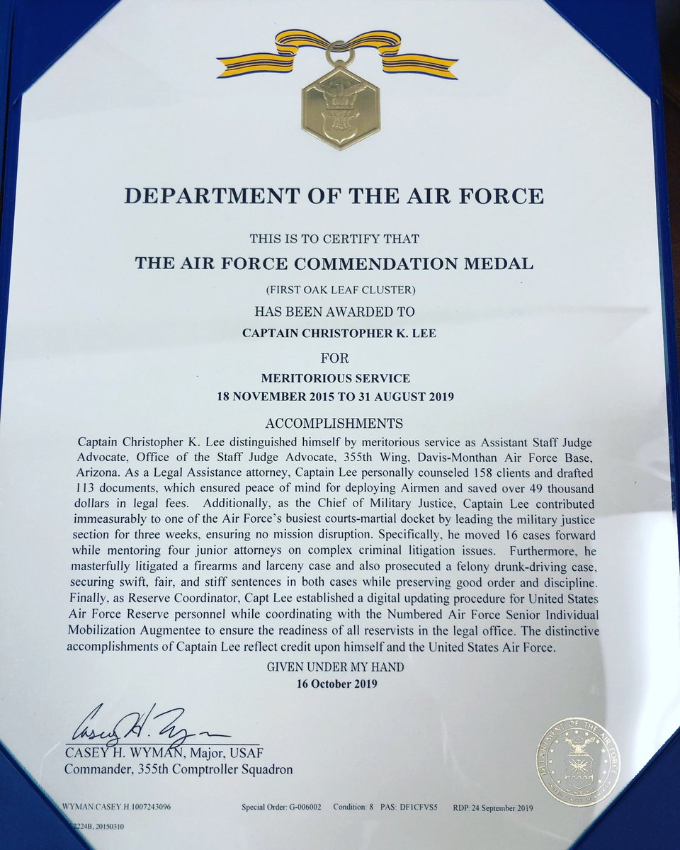 JudgeChrisLee's tweet image. Got my First Oak Leaf Cluster (in the mail cause COVID)!Not a super impressive medal/ribbon, but a nice milestone for me. Few yrs ago my base changed from Nellis AFB, it was unexpected but turned out to be a great experience.Thx my fellow reservists, active duty, and my family!