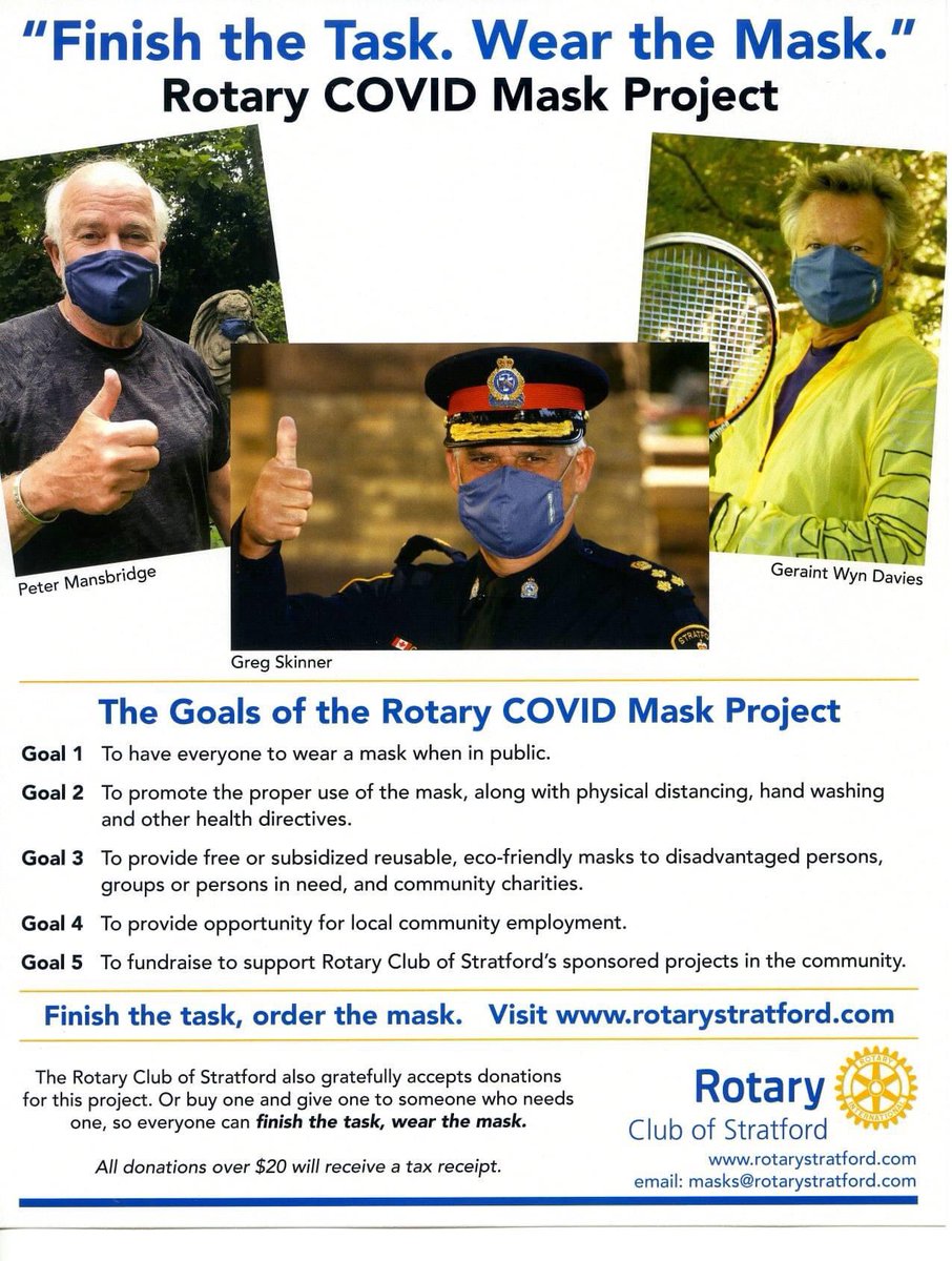 Our masks are available to purchase.
$12 ea or at a discounted rate for bulk orders.
email masks@rotarystratford.com
or visit our website for more details on our project.
Thanks to everyone for their support of our project.
#finishthetaskwearthemask <a href="/RCStratford/">Rotary Club of Stratford</a>