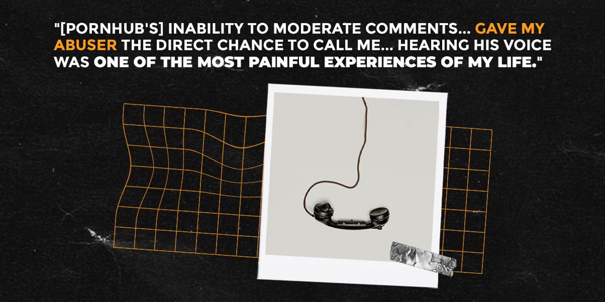 ExodusCry's tweet photo. This underage victim of rape contacted Pornhub to have the video of their abuse removed. Pornhub refused. Then a commenter posted the victim's personal info. "Their inability to moderate comments... gave my abuser the direct chance to call me" #Traffickinghub https://t.co/391VQ5CyBo