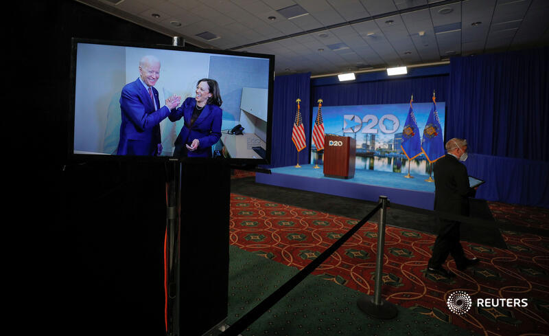 Joe Biden and Kamala Harris appear on a video feed at the start of the second day of the virtual  #DemConvention. Watch live:  https://reut.rs/3g6aHfk&nbsp;